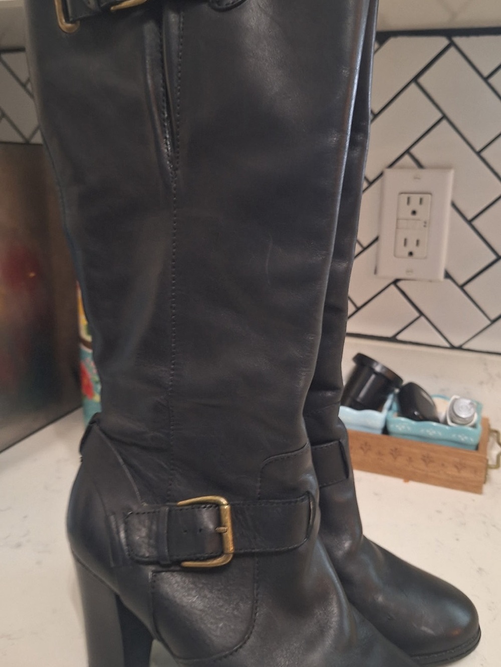 Vintage Clarks Black Leather Knee-High Heeled Boots with Buckle